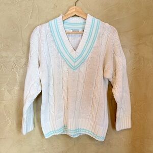 Vintage Cable Knit Tennis Sweater | 90s Prep V-Neck | White & Aqua